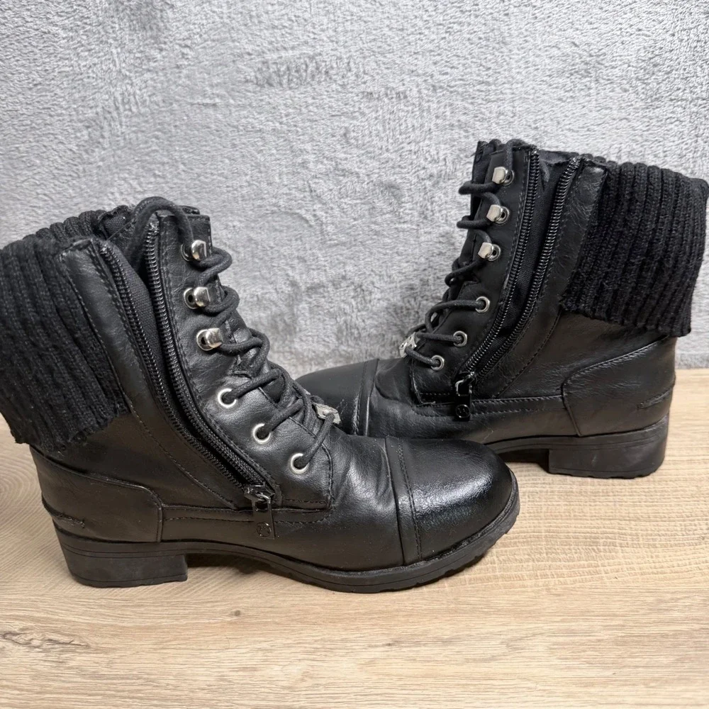 Michael Kors Donna Combat Boots Kids Size 3 Black Knit Cuff‎ Lace Up Lug Sole